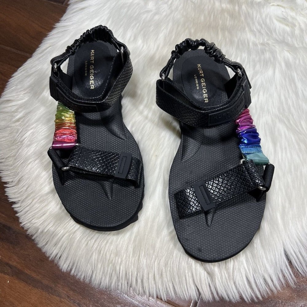 NEW Kurt Geiger Men's Size 44.5 / US 10.5 Black Rainbow Leather Orion Sandals - Picture 2 of 12
